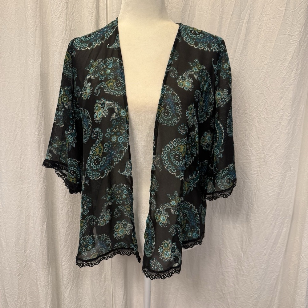 Semi-Sheer Black Multicolor Lace Trimmed Floral Kimono Sleeve Open Front Size M